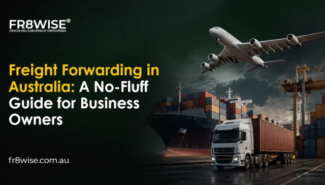 Freight forwarding in Australia showing cargo ship, aircraft, and truck at port