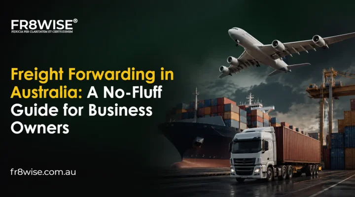 Freight forwarding in Australia showing cargo ship, aircraft, and truck at port