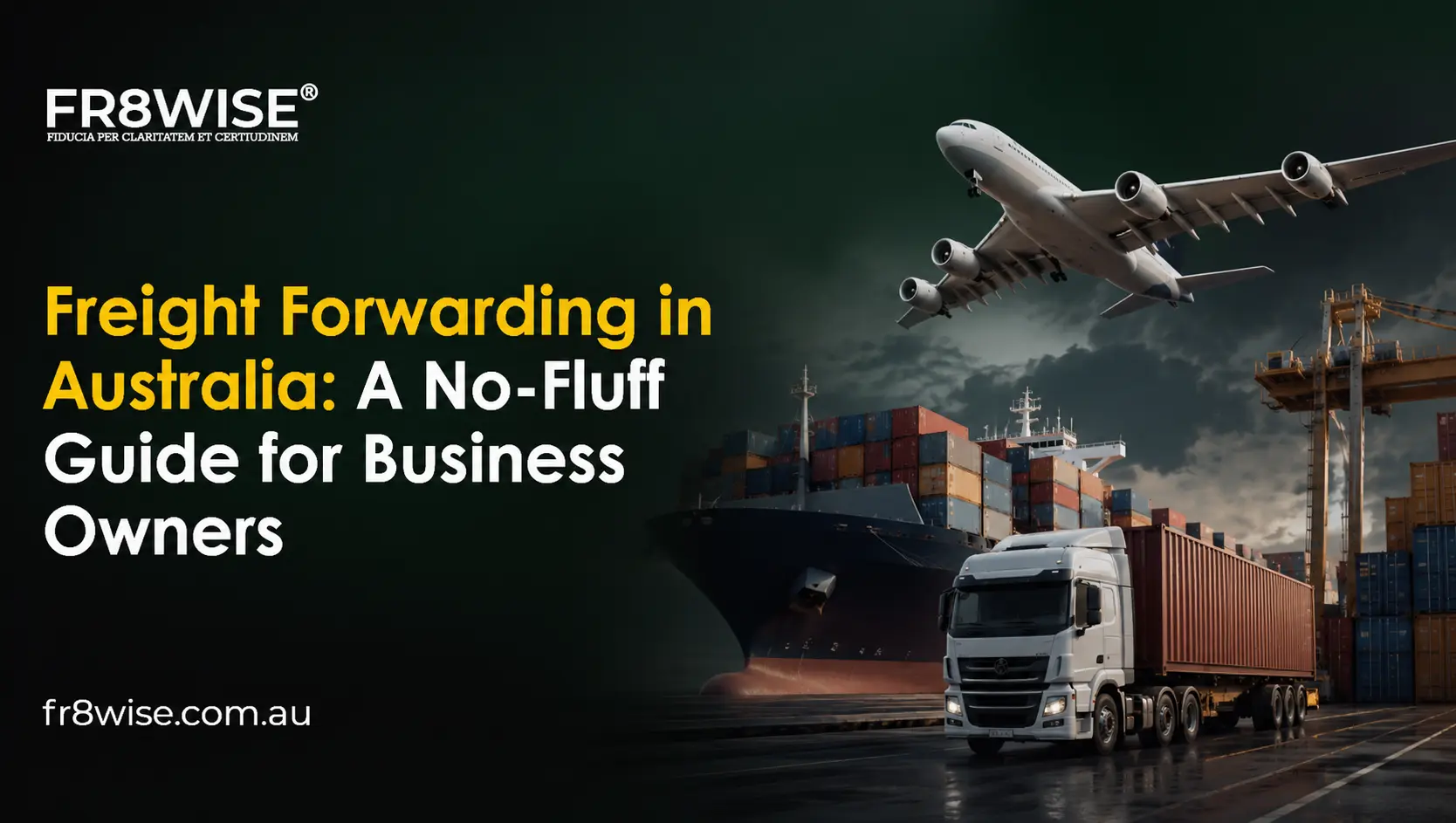 Freight forwarding in Australia showing cargo ship, aircraft, and truck at port