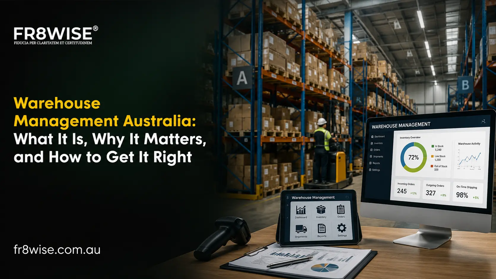 Warehouse management Australia showing WMS dashboard, inventory tracking system and warehouse worker