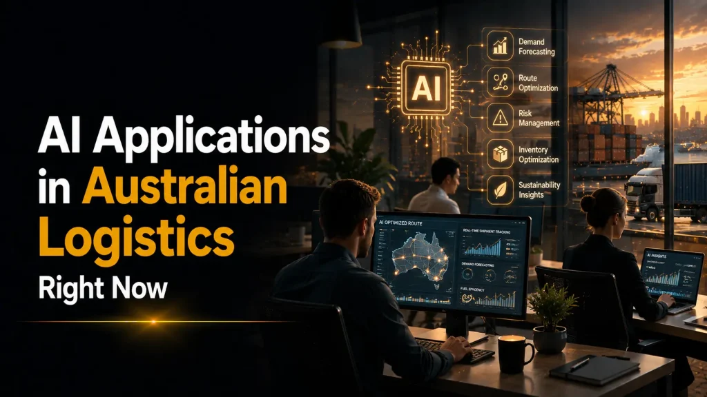 AI applications in Australian logistics showing demand forecasting, route optimisation, inventory and risk management dashboard