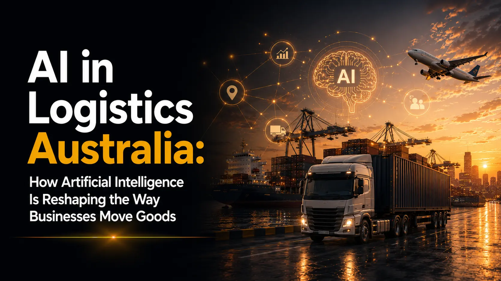 AI in logistics Australia showing artificial intelligence technology applied to freight truck, cargo ship and airport operations