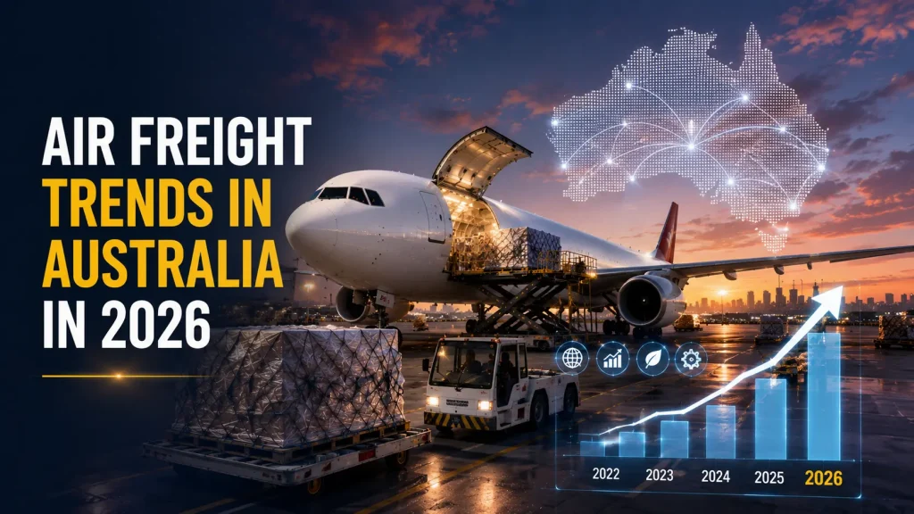 Air freight trends in Australia 2026 showing cargo aircraft loading with growth chart and Australia map