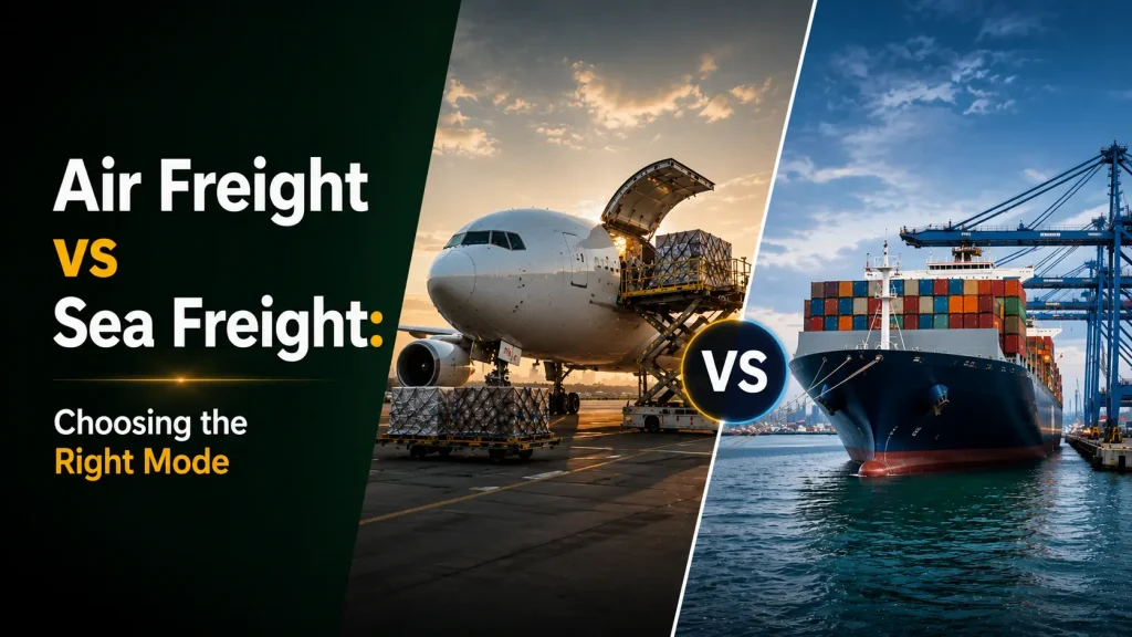 Air freight vs sea freight Australia comparison showing cargo aircraft loading and container ship at port
