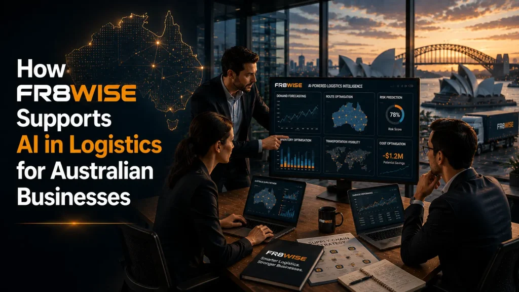 FR8WISE supports AI in logistics for Australian businesses showing team reviewing demand forecasting, route optimisation and cost savings dashboard