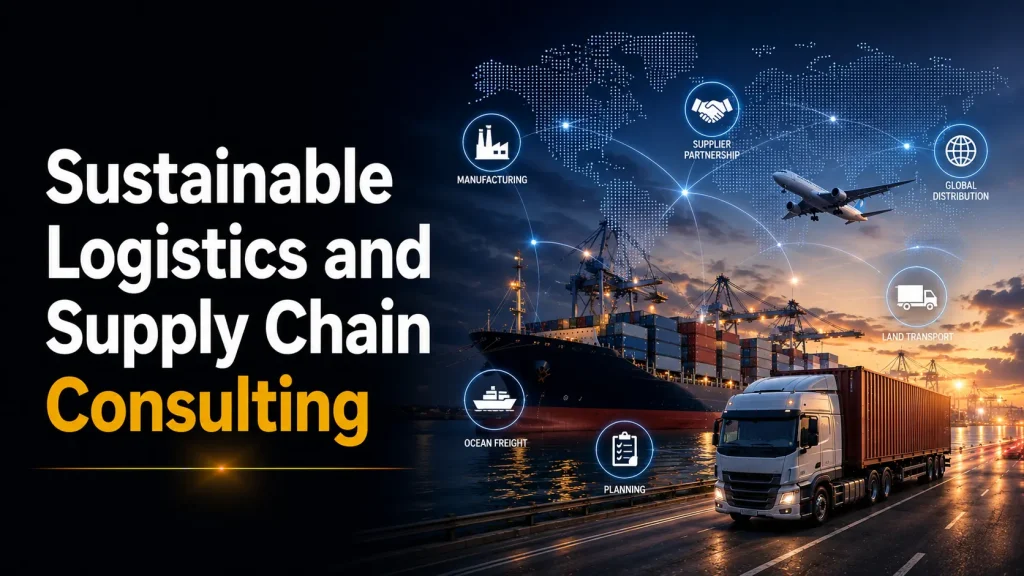 Sustainable Logistics and Supply Chain Consulting, showing a global network map with icons for manufacturing, supplier partnership, global distribution, land transport, planning, and ocean freight, alongside a cargo ship, plane, and truck