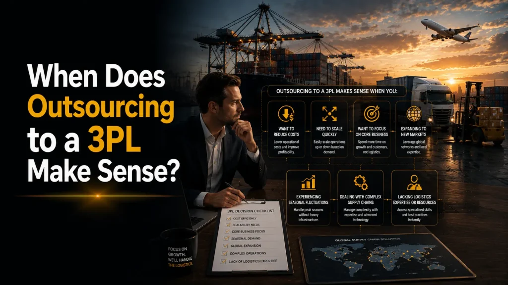 When Does Outsourcing to a 3PL Make Sense - business owner reviewing decision checklist covering cost reduction, scalability, seasonal demand, and global expansion