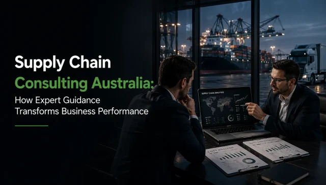 Supply chain consulting Australia showing two business consultants reviewing supply chain analytics and cost analysis reports