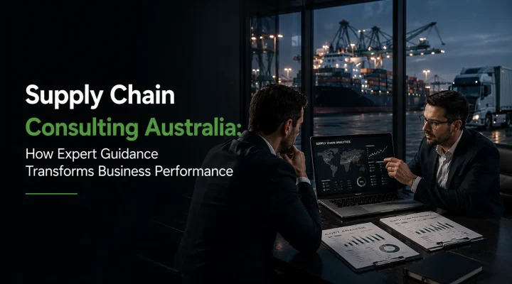Supply chain consulting Australia showing two business consultants reviewing supply chain analytics and cost analysis reports