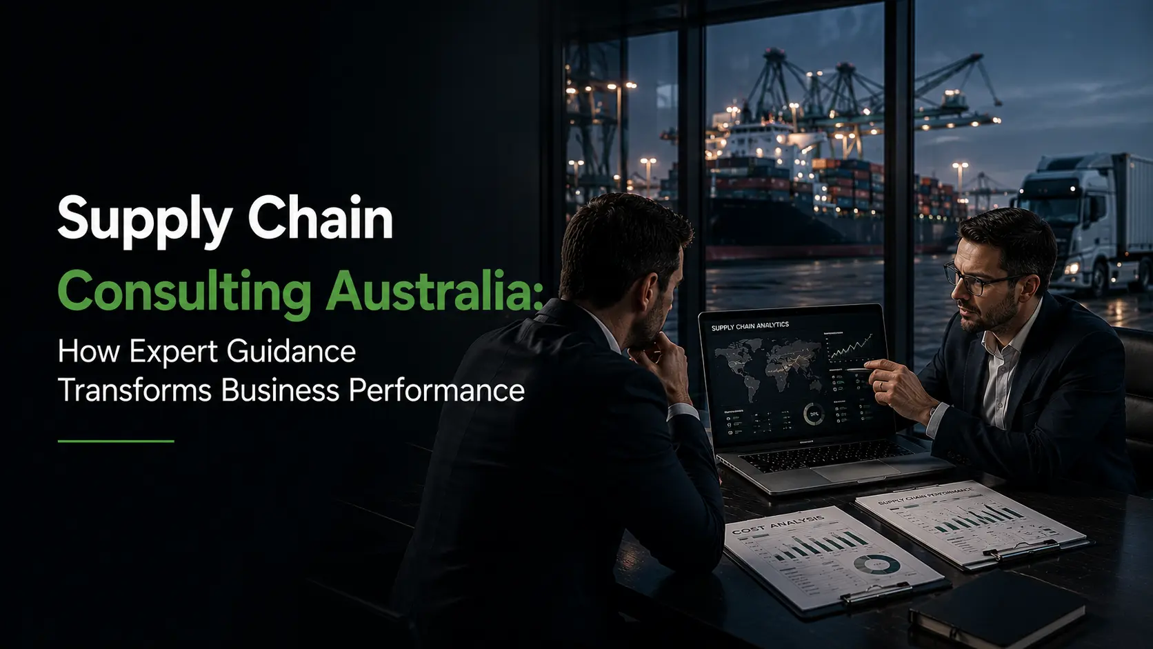 Supply chain consulting Australia showing two business consultants reviewing supply chain analytics and cost analysis reports