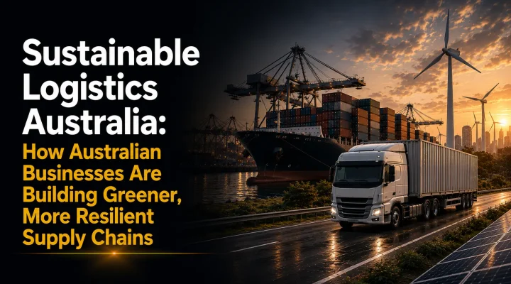 Header banner for article on sustainable logistics in Australia, showing a cargo ship, wind turbines, and a truck on a highway at sunset, symbolizing greener supply chains