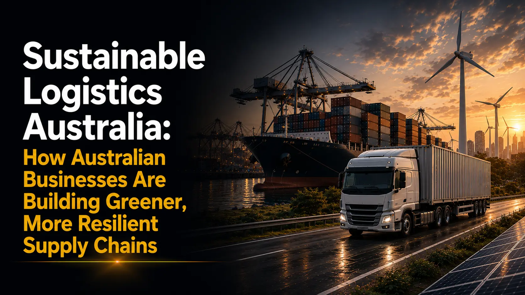 Header banner for article on sustainable logistics in Australia, showing a cargo ship, wind turbines, and a truck on a highway at sunset, symbolizing greener supply chains