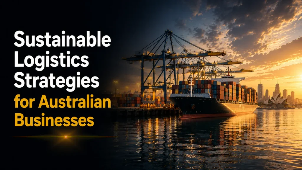 sustainable logistics strategies for Australian businesses, showing a container ship docked at a port at sunset with the Sydney Opera House and skyline in the background
