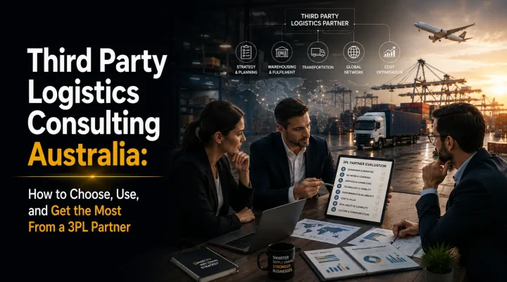 Third Party Logistics Consulting Australia - Business team reviewing 3PL partner evaluation checklist with warehouse, shipping, and global logistics network in background