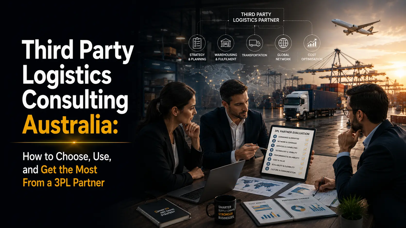 Third Party Logistics Consulting Australia - Business team reviewing 3PL partner evaluation checklist with warehouse, shipping, and global logistics network in background