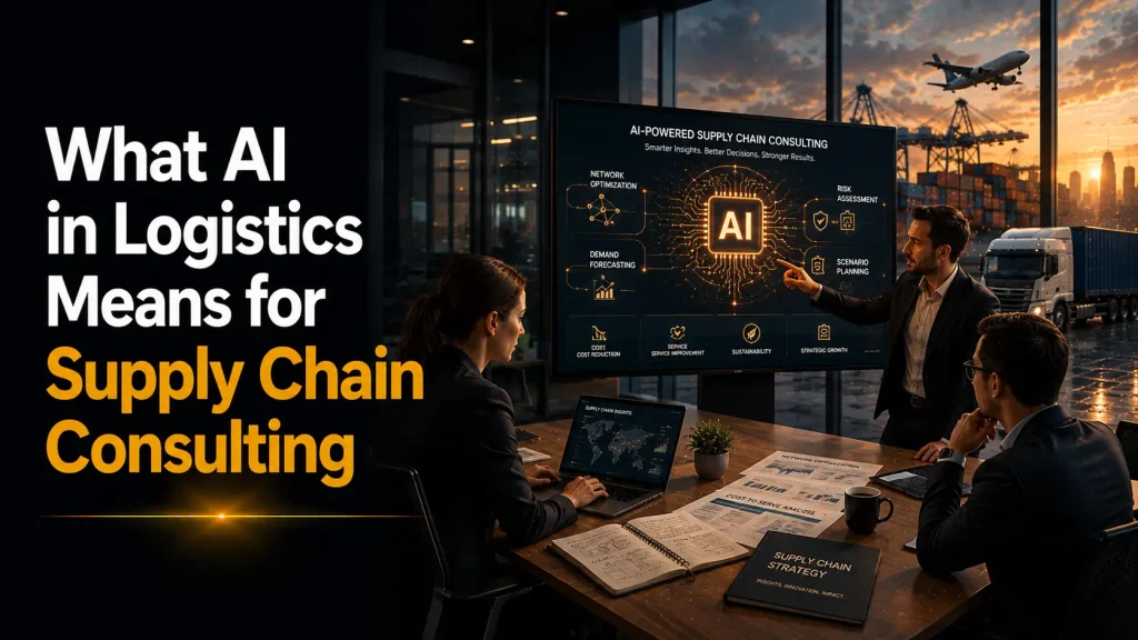 What AI in logistics means for supply chain consulting showing team reviewing AI-powered network optimisation and demand forecasting strategy