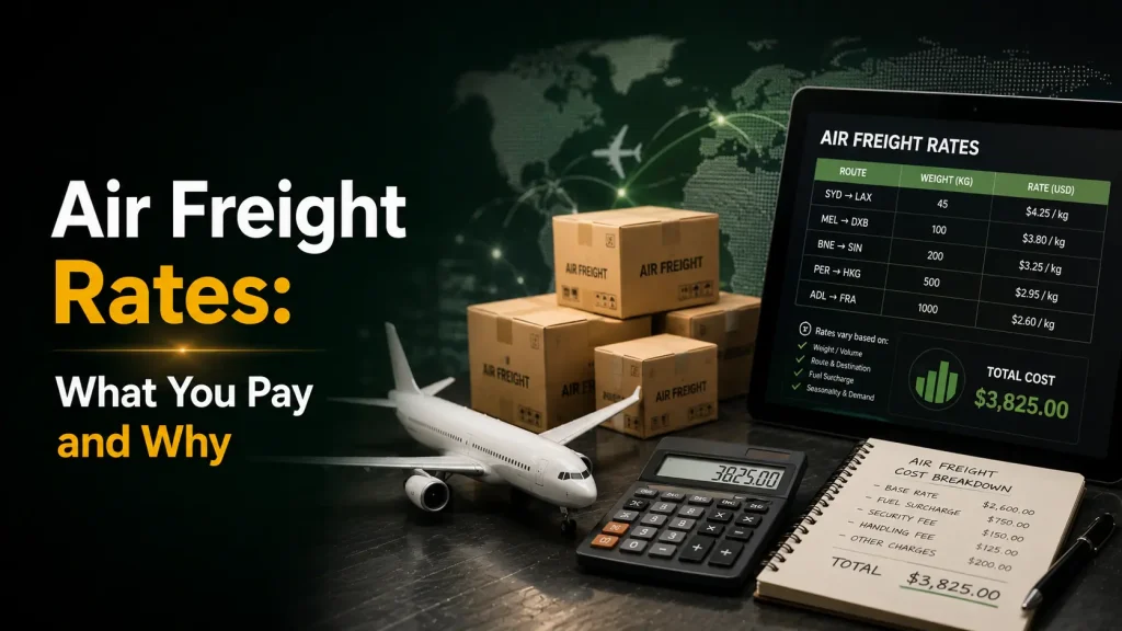 Air freight rates Australia showing cost breakdown with route pricing table, cargo boxes and calculator