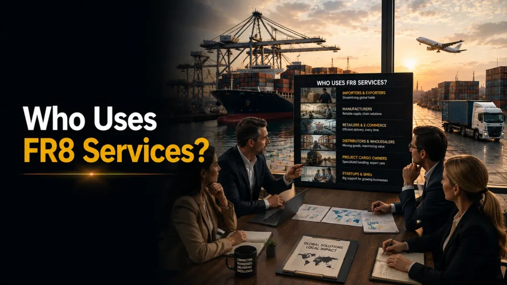 Who uses FR8 services showing business team reviewing logistics solutions for importers, manufacturers, retailers and e-commerce at port