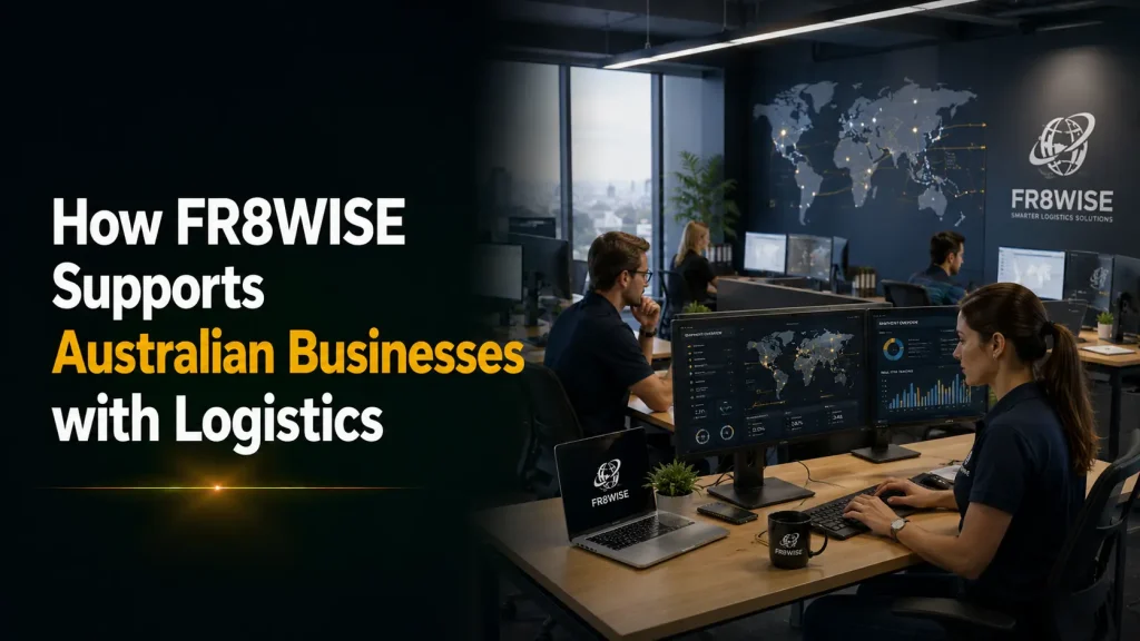 How FR8WISE Supports Australian Businesses with Logistics" showing logistics professionals working in an office with global tracking monitors.