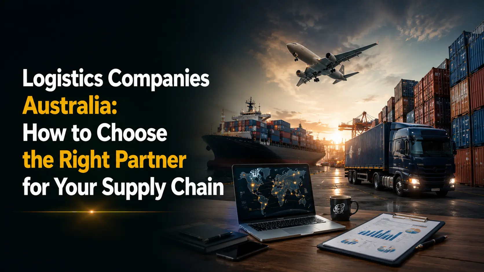 Logistics Companies Australia: How to Choose the Right Partner for Your Supply Chain" alongside an airplane, cargo ship, delivery truck, and a laptop displaying a global map