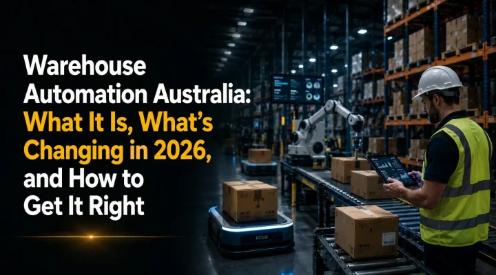 Warehouse worker monitoring robotic automation and AMRs on a conveyor line — blog banner for 'Warehouse Automation Australia 2026