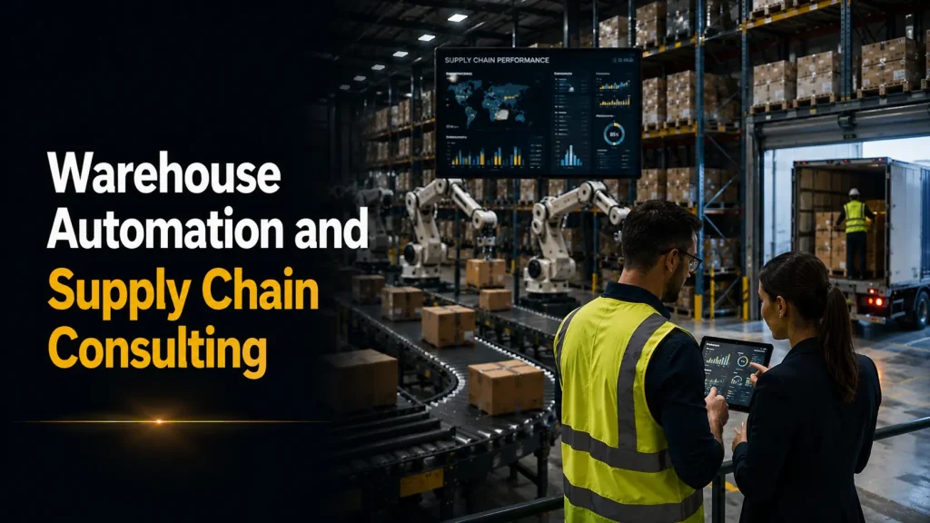 Consultant and worker reviewing supply chain analytics near robotic warehouse automation — blog banner for warehouse automation and supply chain consulting