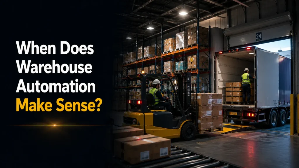 Forklift and dock loading scene at a warehouse — blog banner asking when warehouse automation makes sense