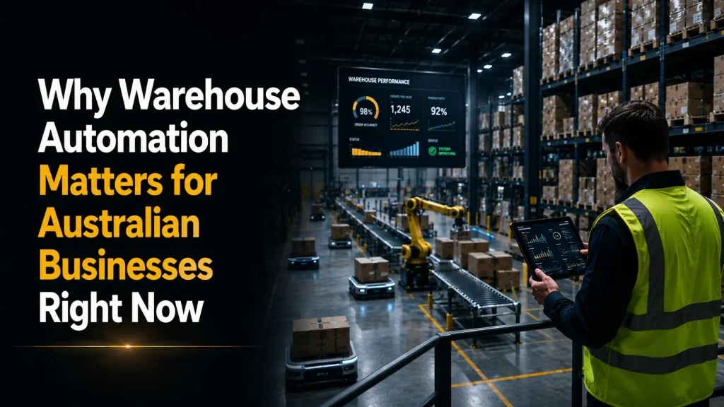 Worker monitoring warehouse automation and robotics via tablet dashboard — blog banner on why warehouse automation matters for Australian businesses.
